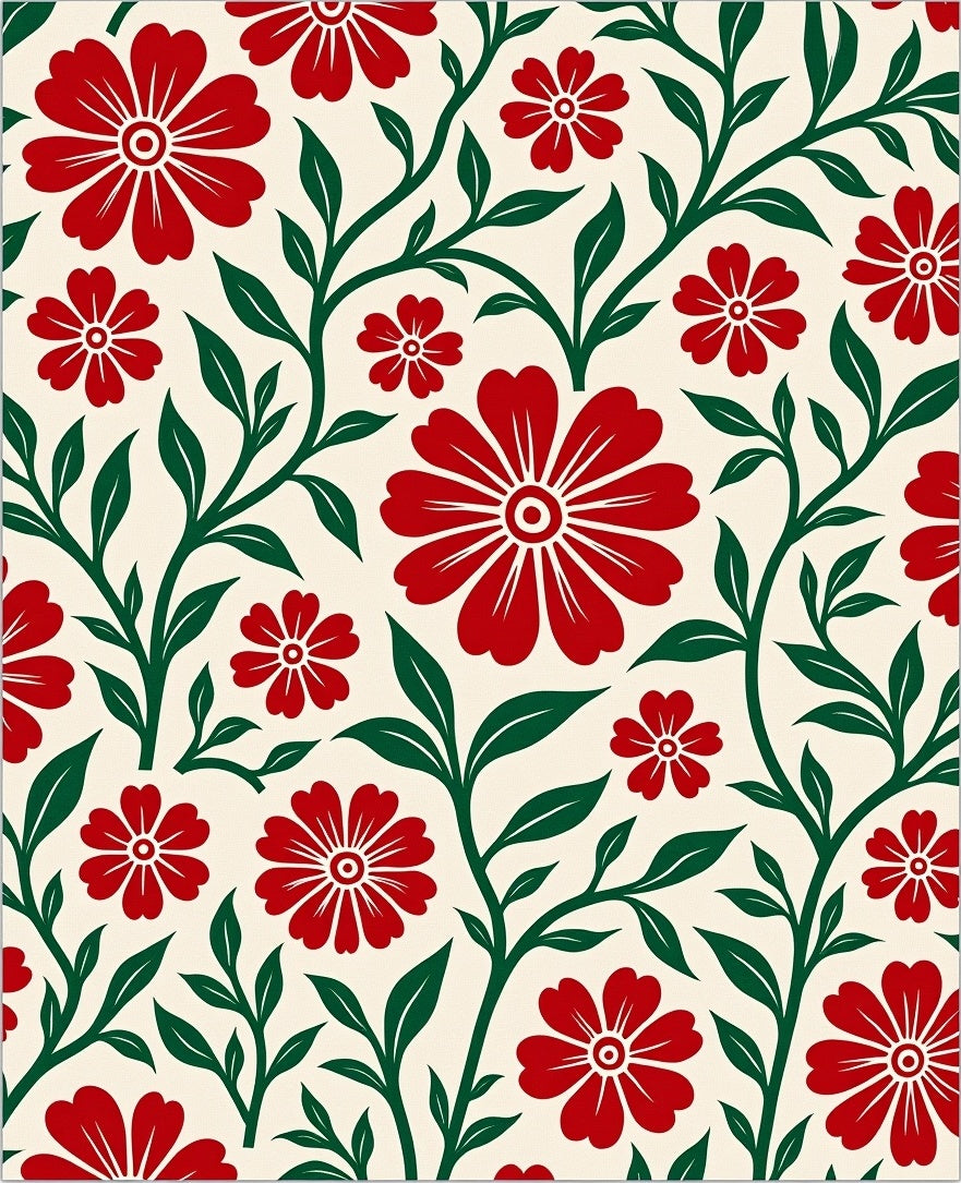 Red Flower Green Leaf Pattern Rug