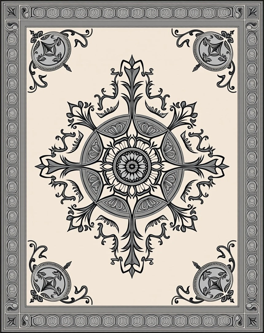Ornate Grey Scrollwork Mandala Pattern Rug