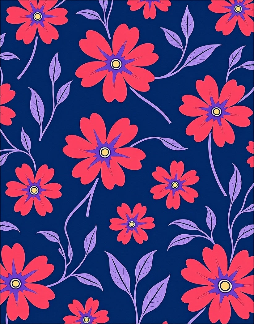 Vibrant Red Flower Navy Floral Rug