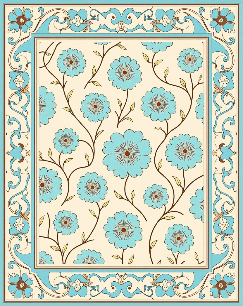 Floral Vine Patterned Border Rug