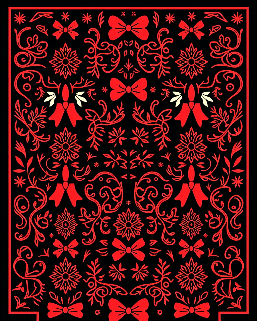 Red Black Floral Bow Scroll Rug