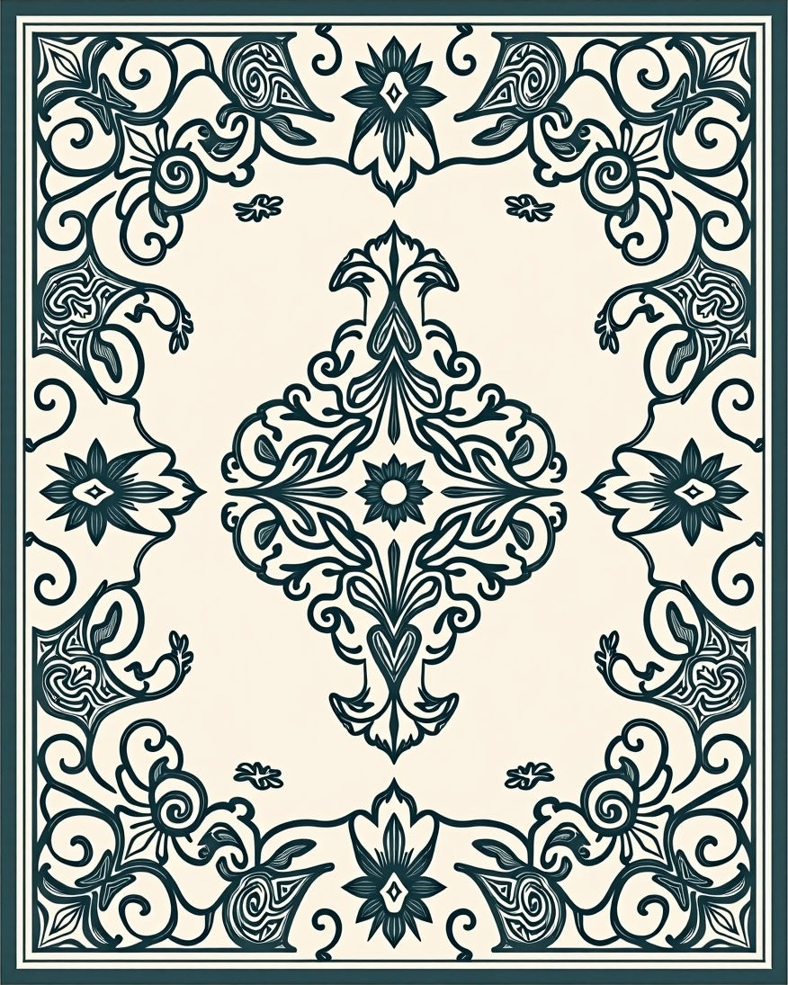 Ornate Floral Scroll Symmetry Design Rug