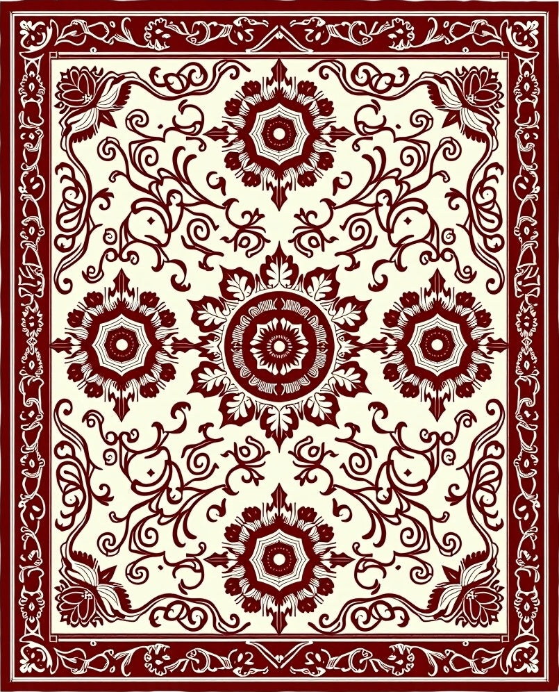 Dark Red Floral Mandala Patterned Rug
