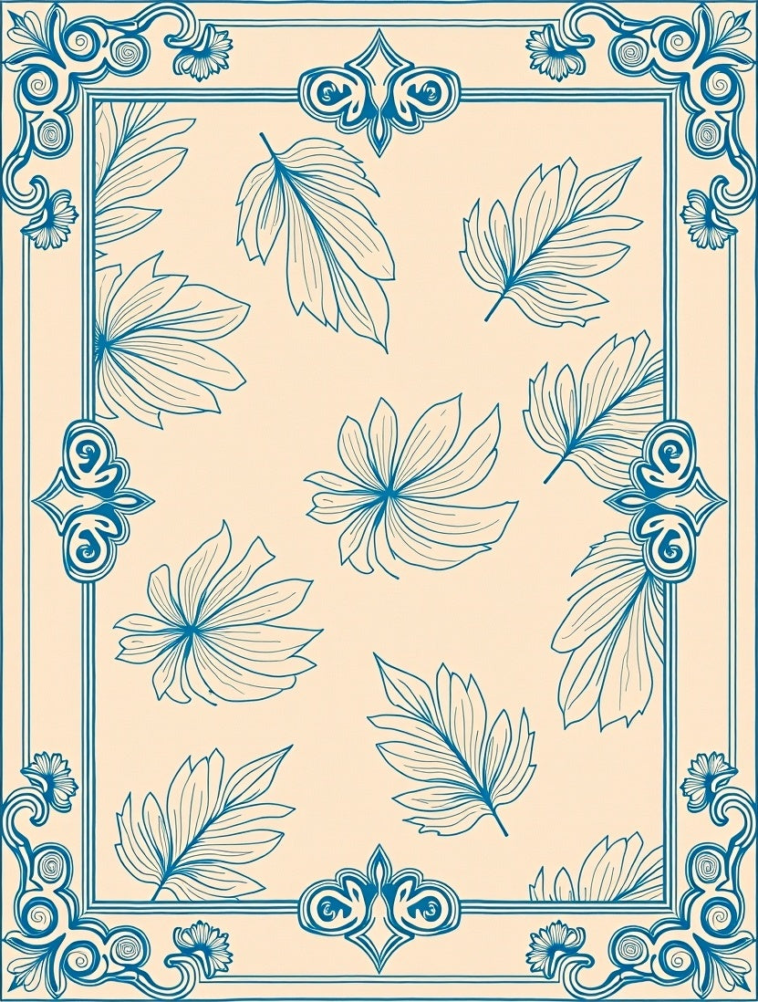 Elegant Blue Leaf Patterned Design Rug