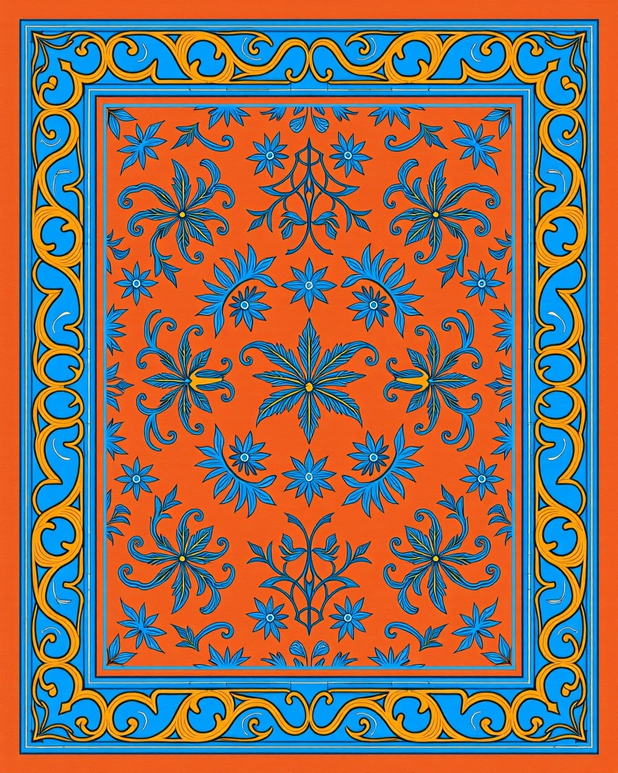 Vibrant Orange Blue Floral Scroll Area Rug