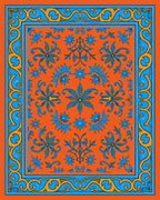 Vibrant Orange Blue Floral Scroll Area Rug