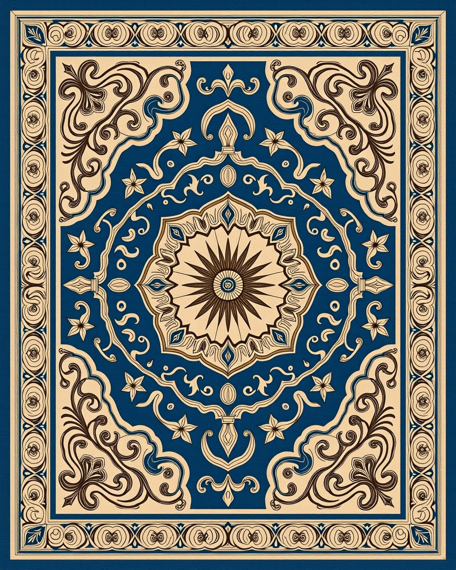 Rich Blue Floral Medallion Pattern Rug