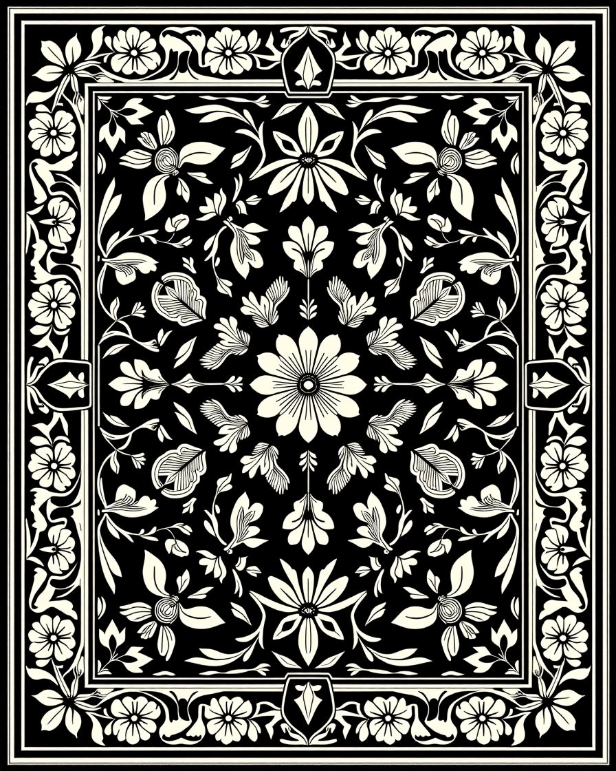 Classic Black White Floral Scroll Rug
