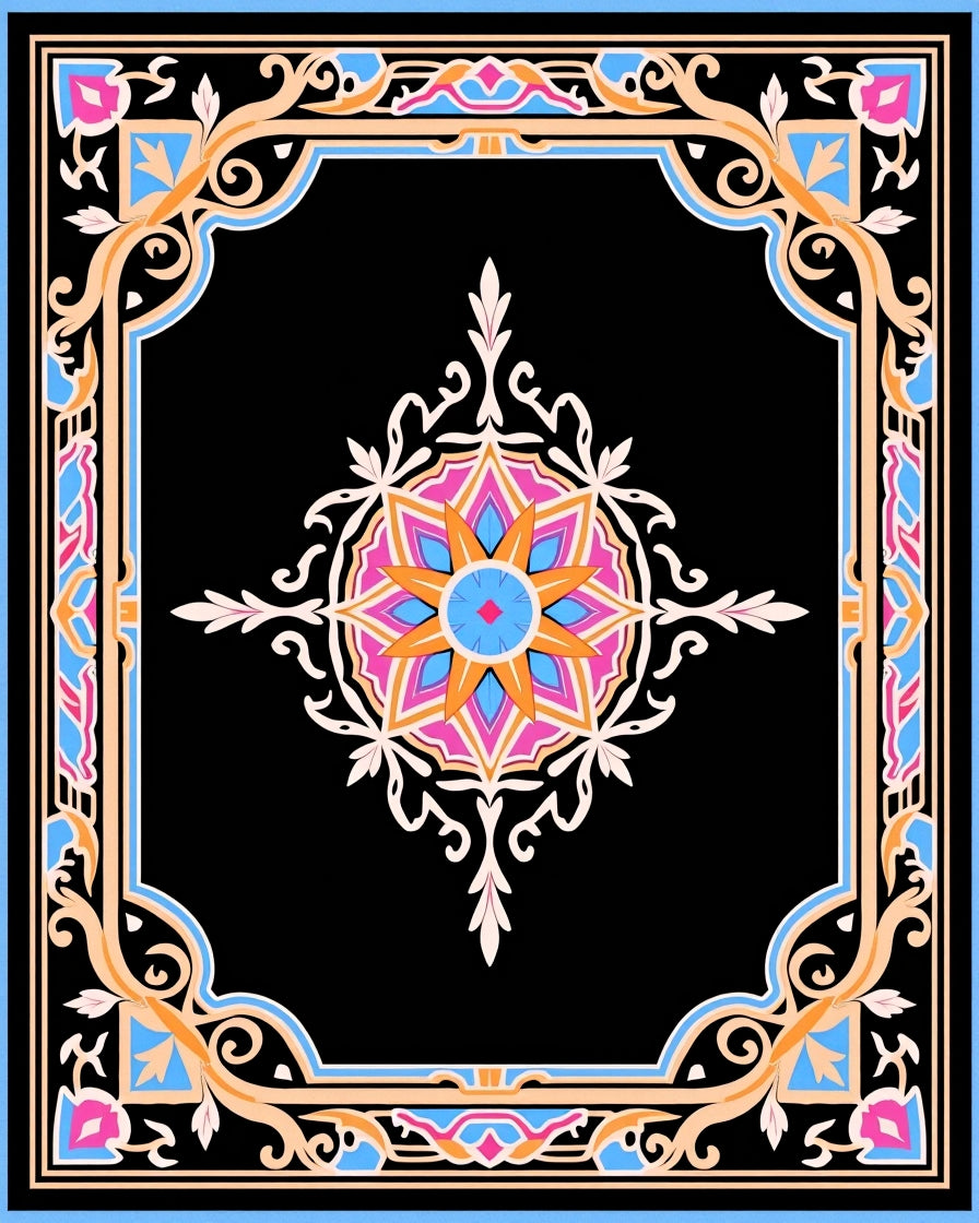 Vibrant Floral Medallion Frame Design Rug