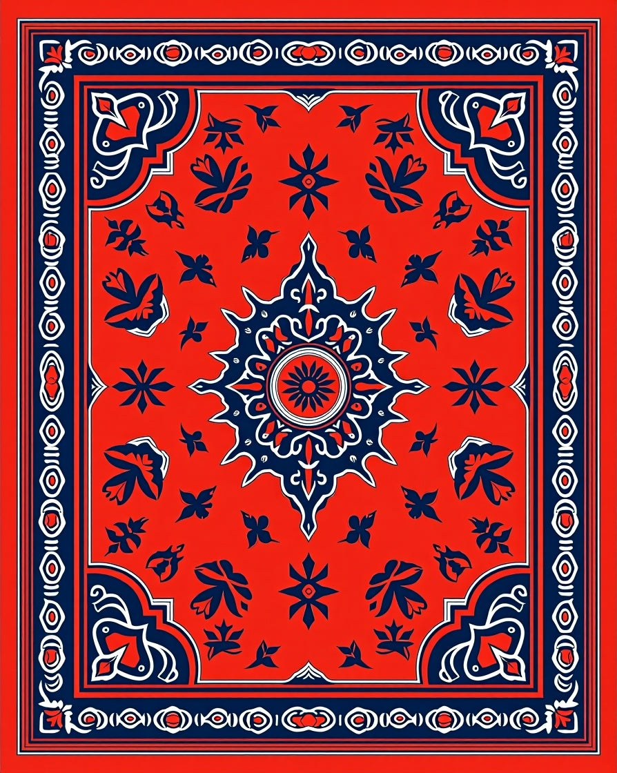 Classic Red Blue Floral Art Rug