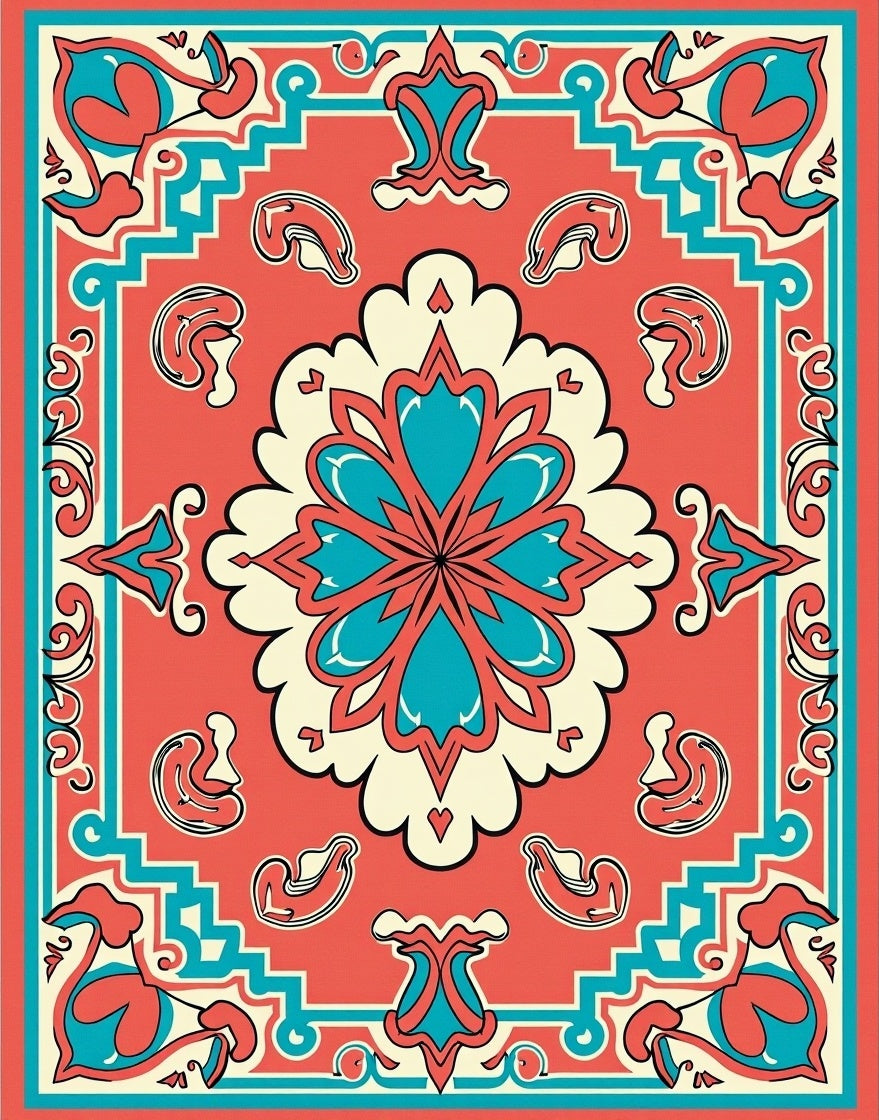 Coral Teal Floral Medallion Tribal Rug