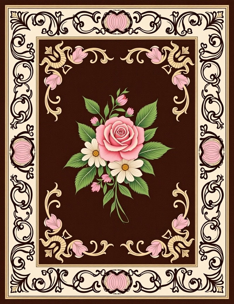 Elegant Floral Bouquet Scroll Border Rug