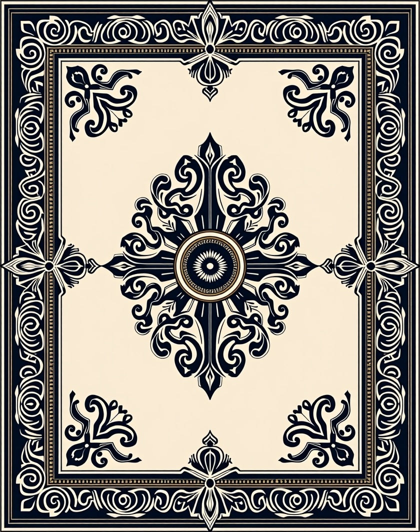 Classic Black Cream Medallion Border Rug