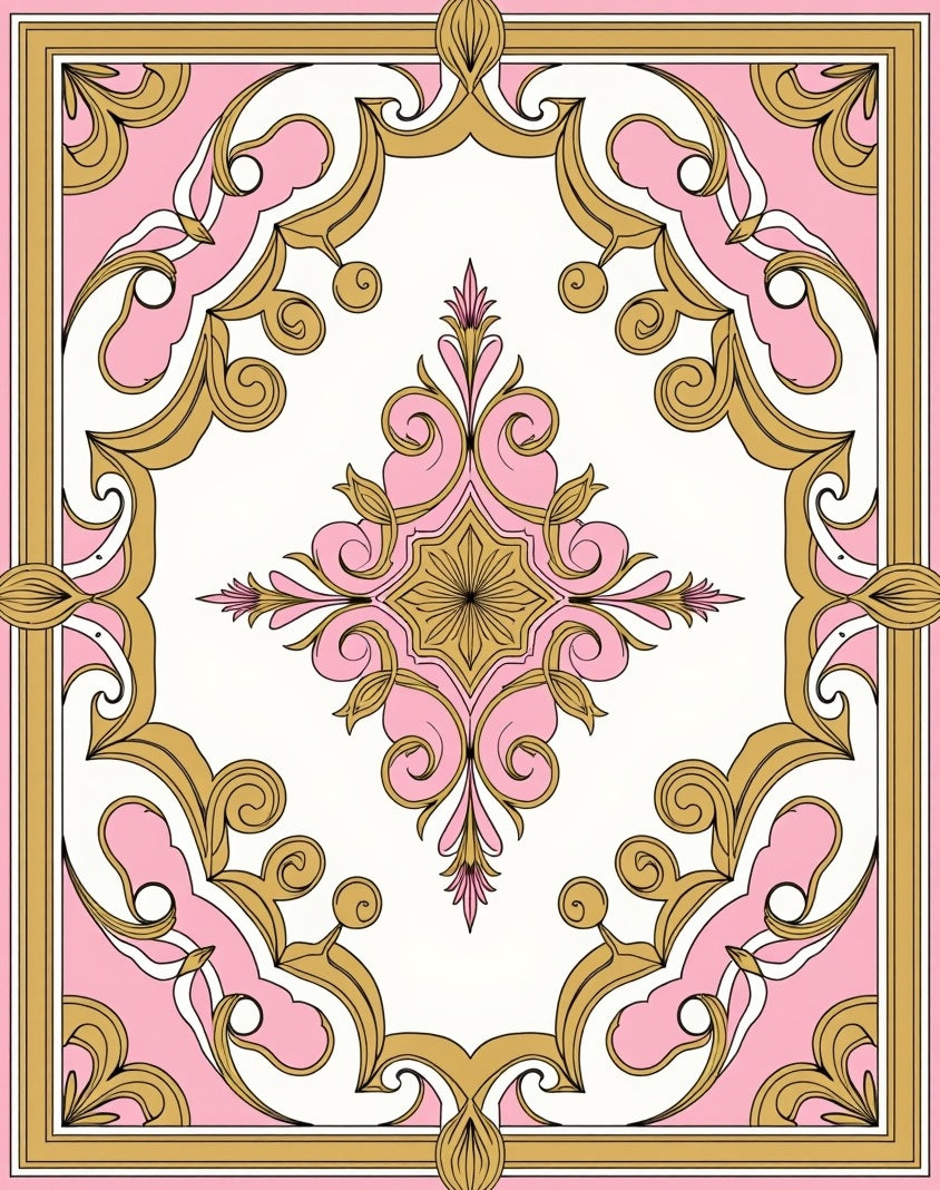 Elegant Pink and Gold Floral Scroll Rug