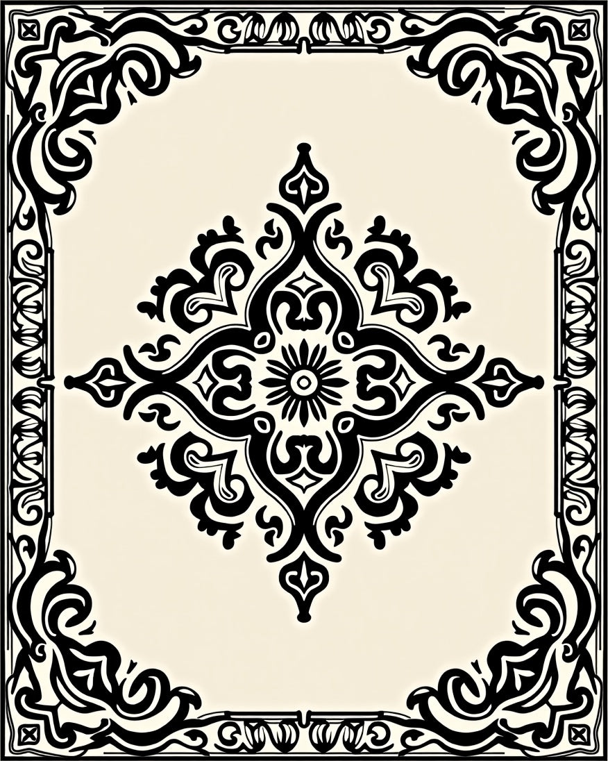 Black Damask Floral Ornate Design Rug