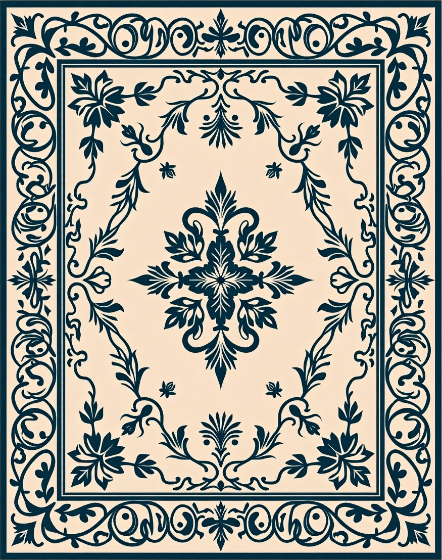 Ornate Navy Floral Traditional Design Rug