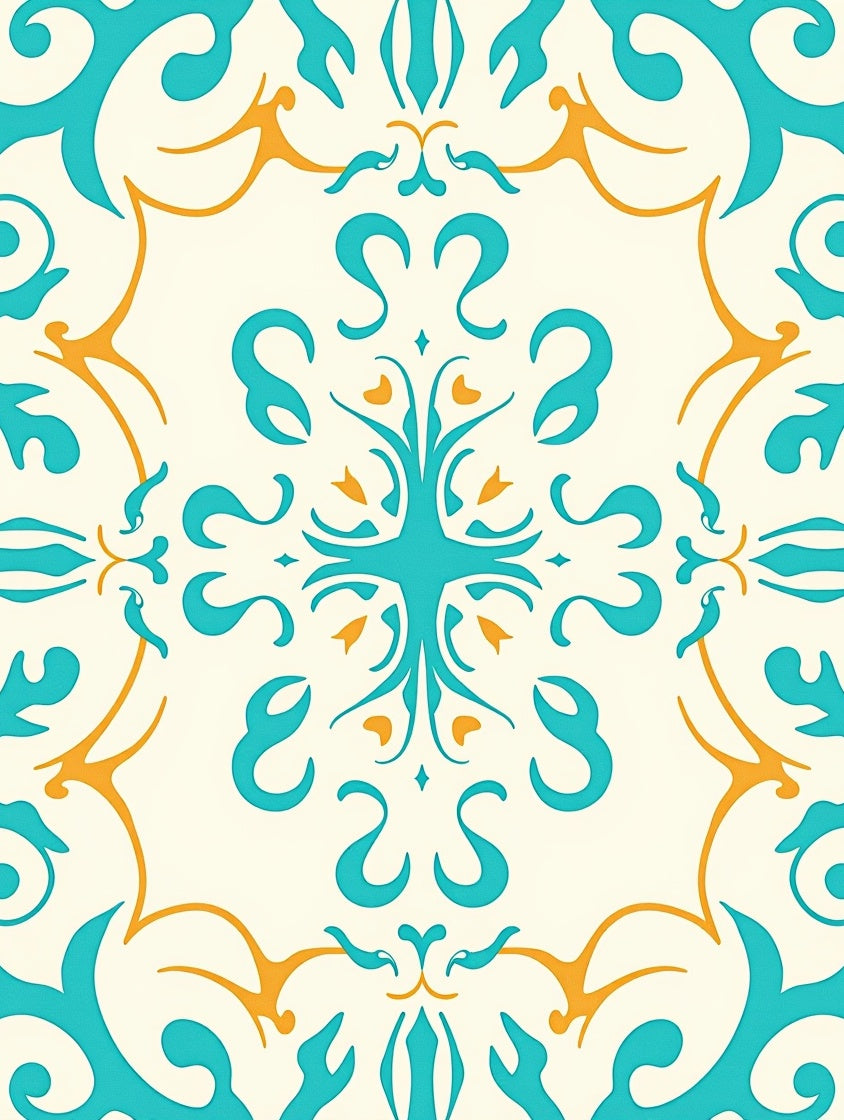 Aqua And Gold Symmetrical Pattern Rug