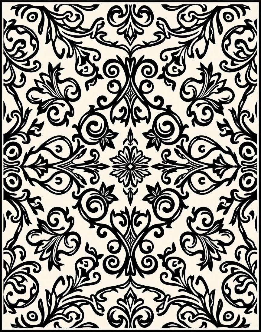 Intricate Black Floral Scroll Pattern Rug