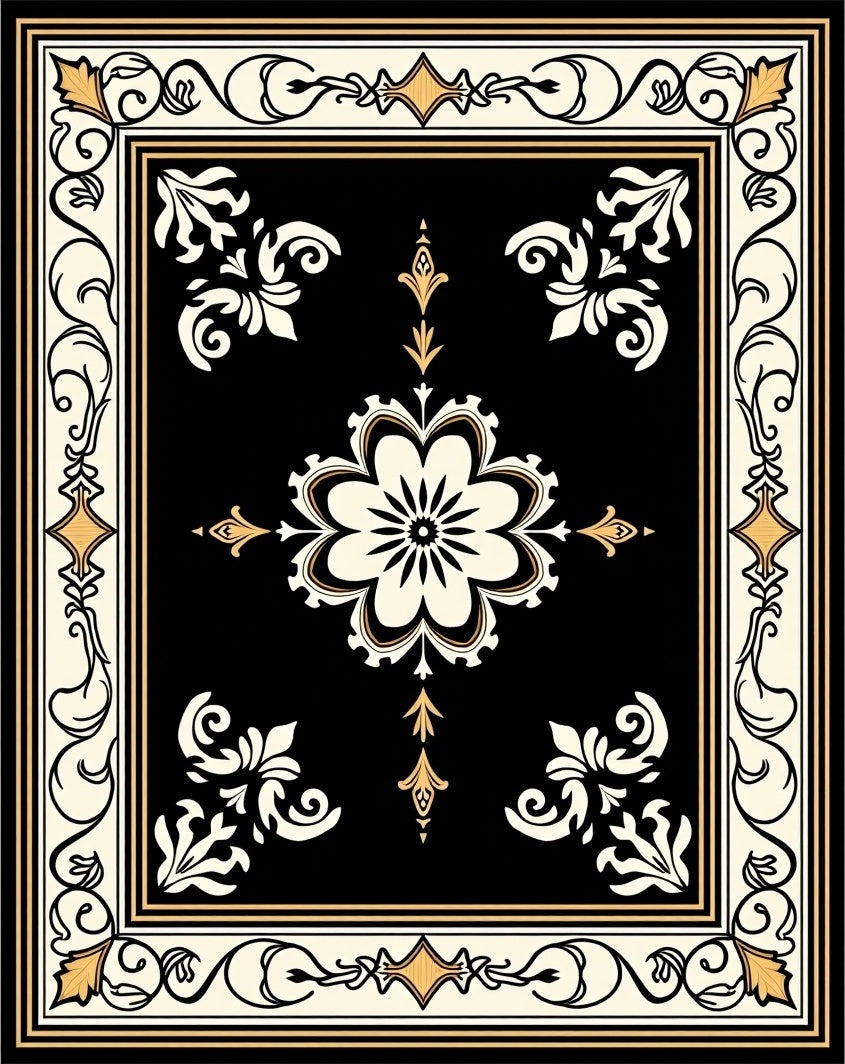Ornate Black Gold Floral Motif Rug