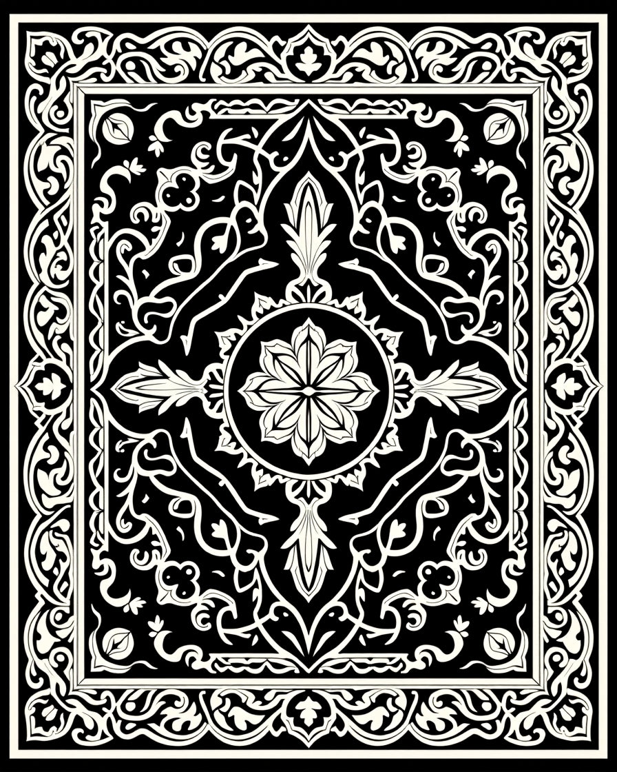 Classic Floral Motif Black White Rug