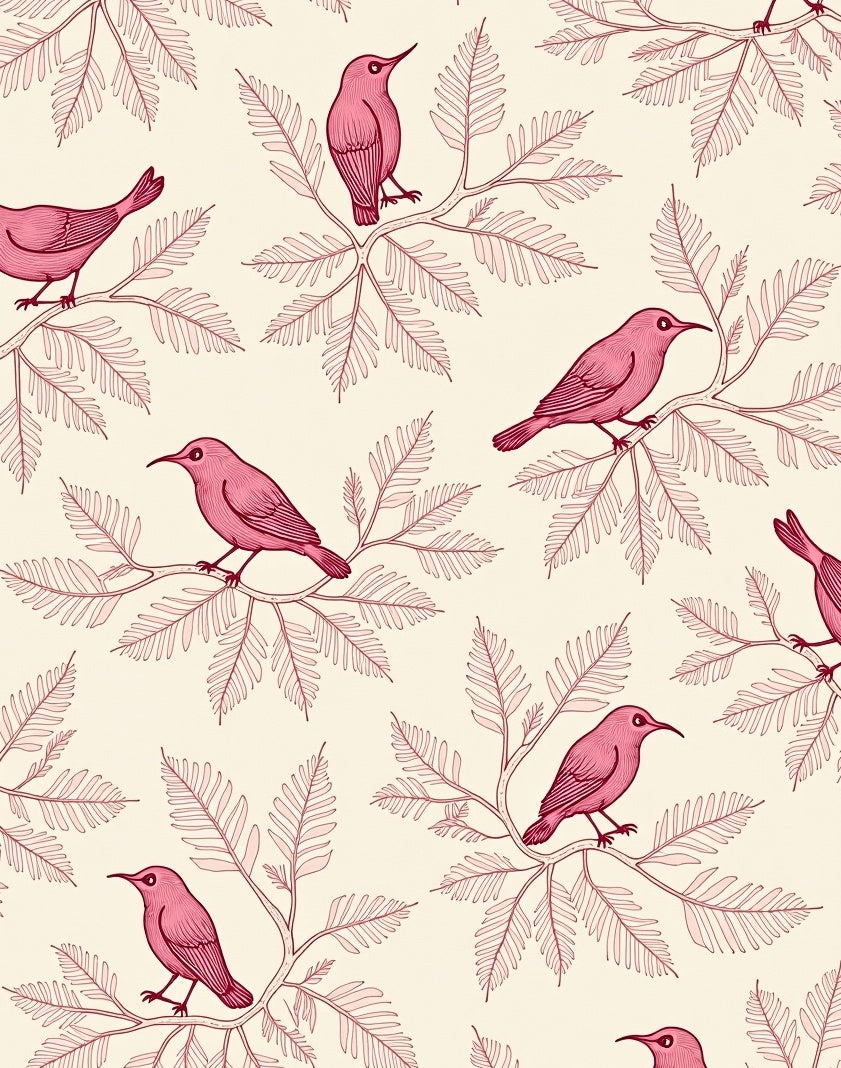 Pink Birds Perched on Branch Pattern Rug