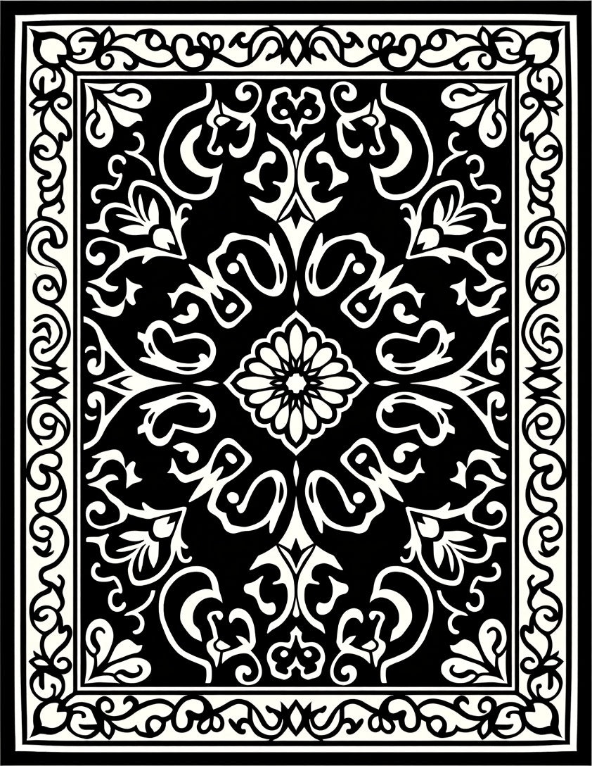 Black And White Damask Motif Rug