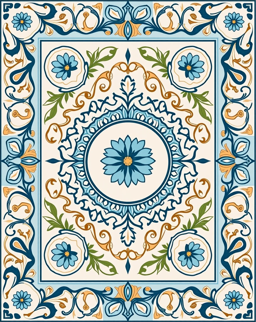 Floral Mandala Blue Gold Rug