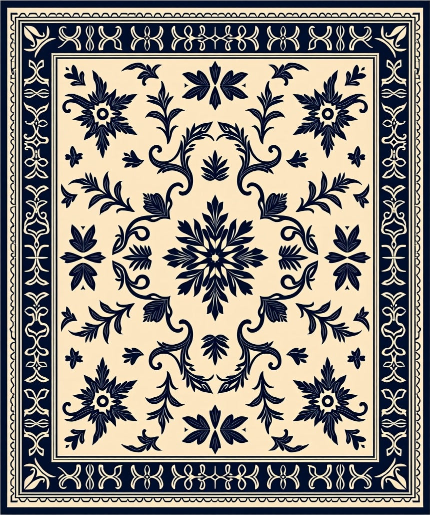 Vintage Floral Motif Navy Rug