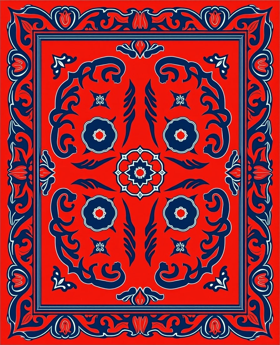 Bold Red Blue Floral Pattern Rug