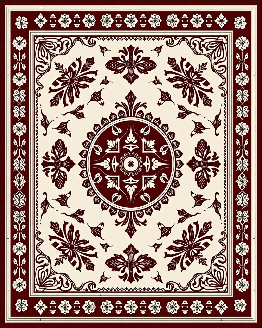Ornate Floral Scrollwork Square Design Rug