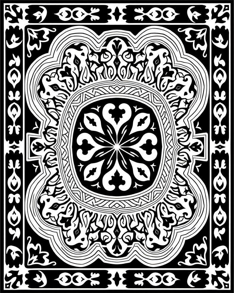 Intricate Black and White Medallion Design Rug