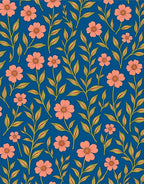 Coral Flower Design on Blue Background Rug