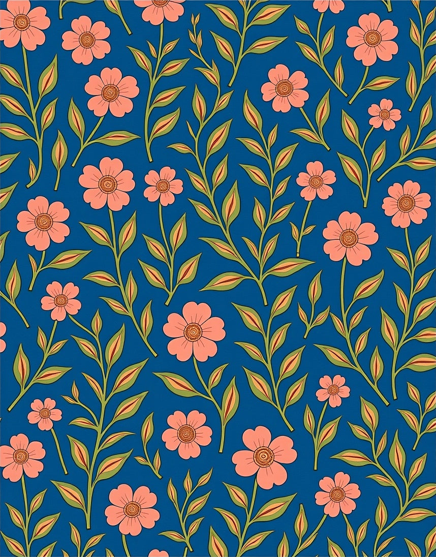 Coral Flower Design on Blue Background Rug