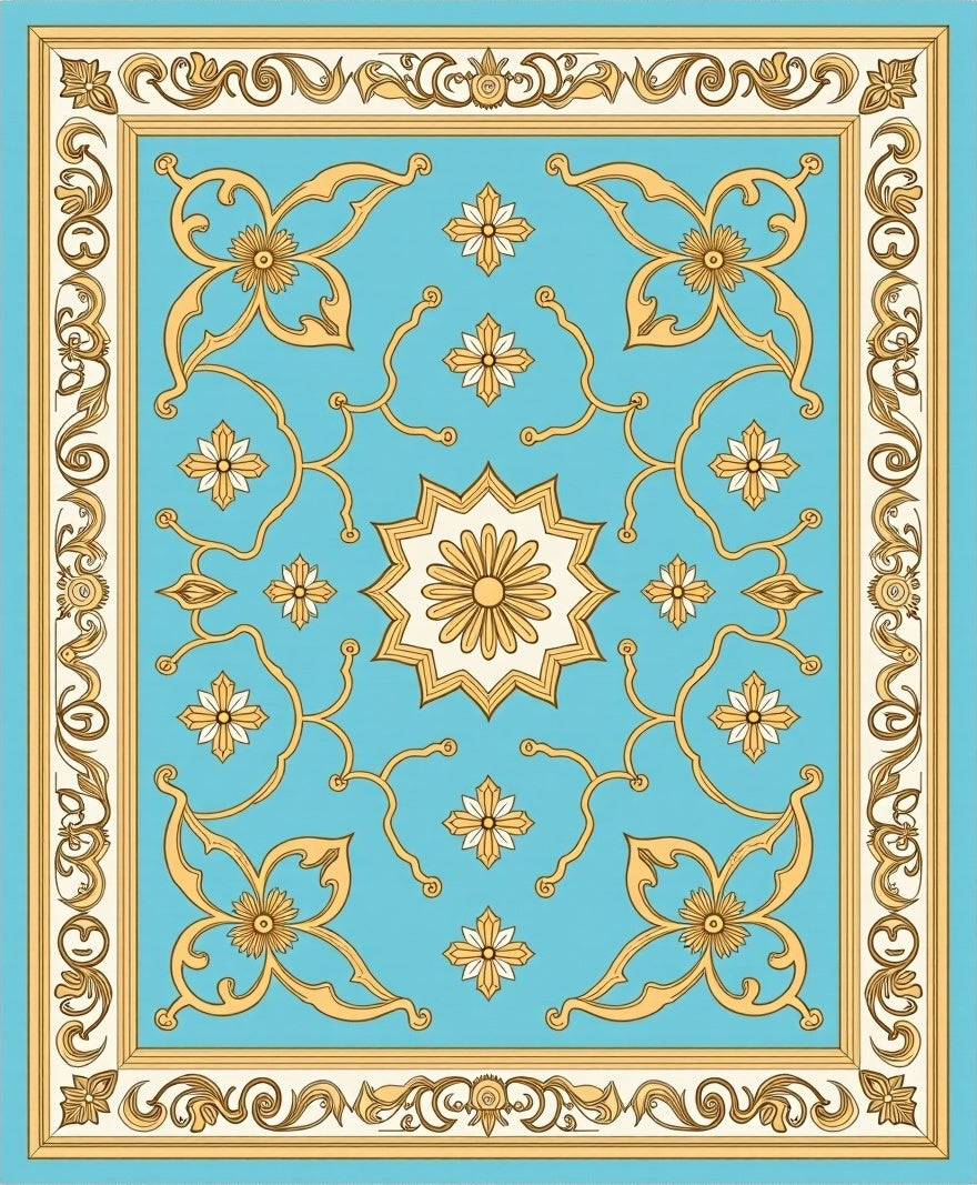 Elegant Blue Gold Floral Border Design Rug