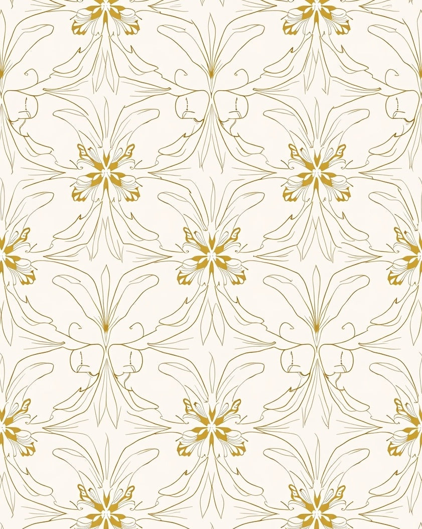 Elegant Gold Outline Floral Pattern Rug