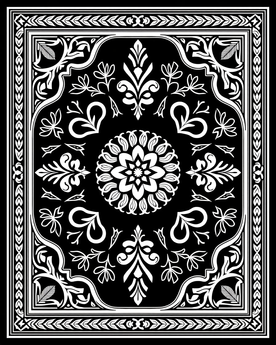 Elegant Black White Floral Mandala Rug