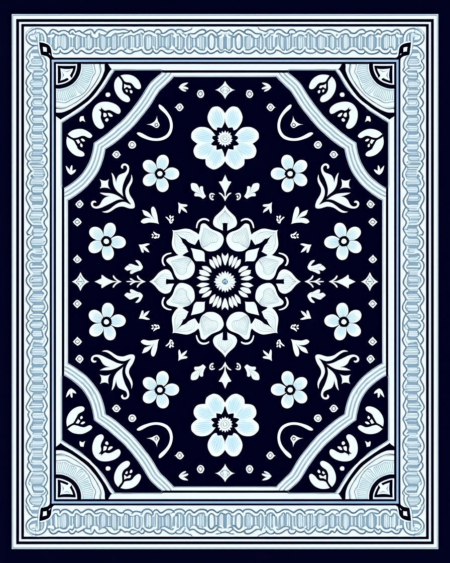 Floral Mandala Patterned Navy Rug