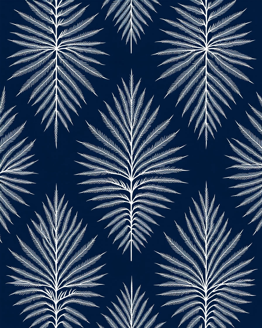 Dark Navy White Palm Frond Pattern Rug