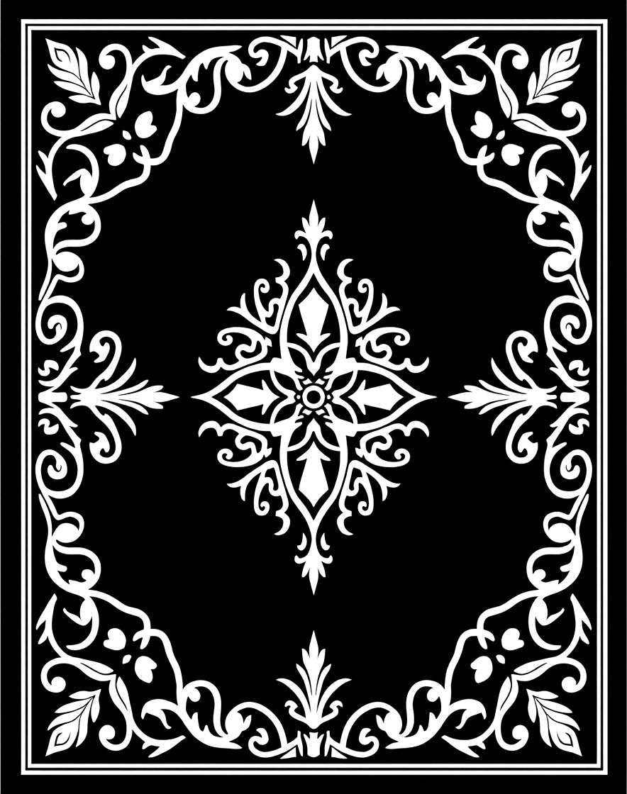 Black White Floral Scroll Medallion Rug
