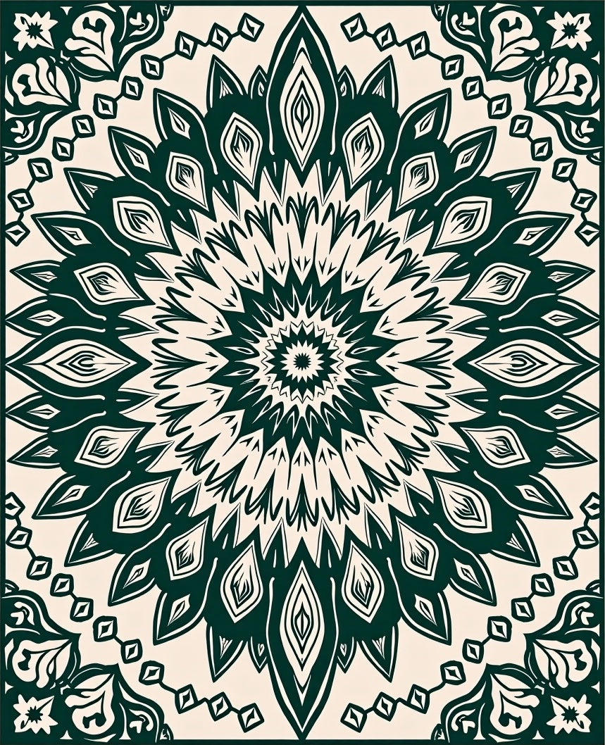 Dark Green Floral Mandala Inspired Design Rug