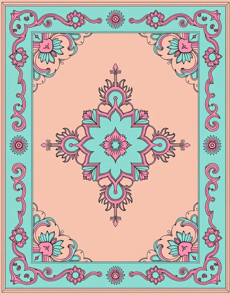 Teal Pink Floral Central Medallion Rug