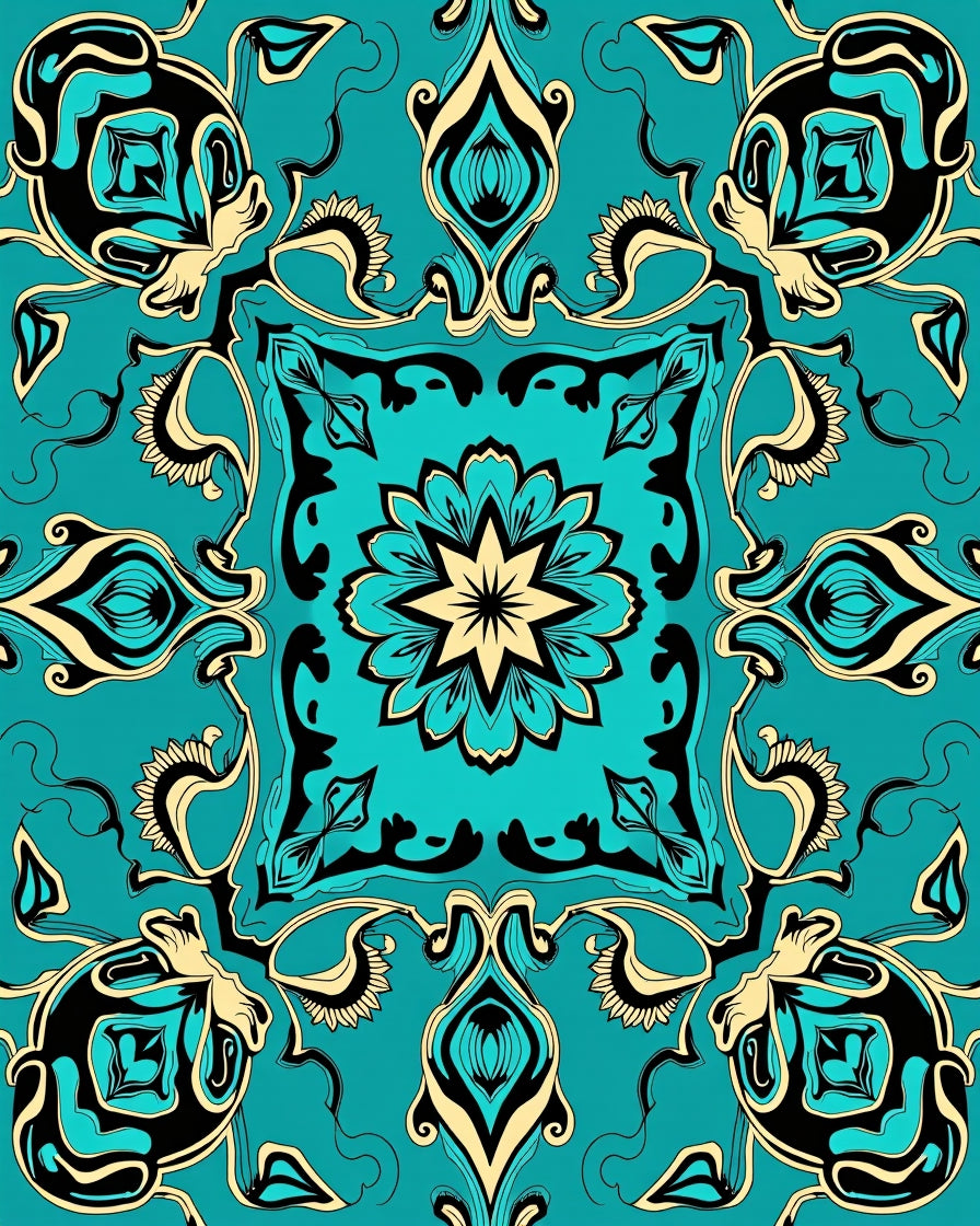 Ornate Turquoise Floral Medallion Pattern Rug