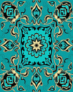 Ornate Turquoise Floral Medallion Pattern Rug