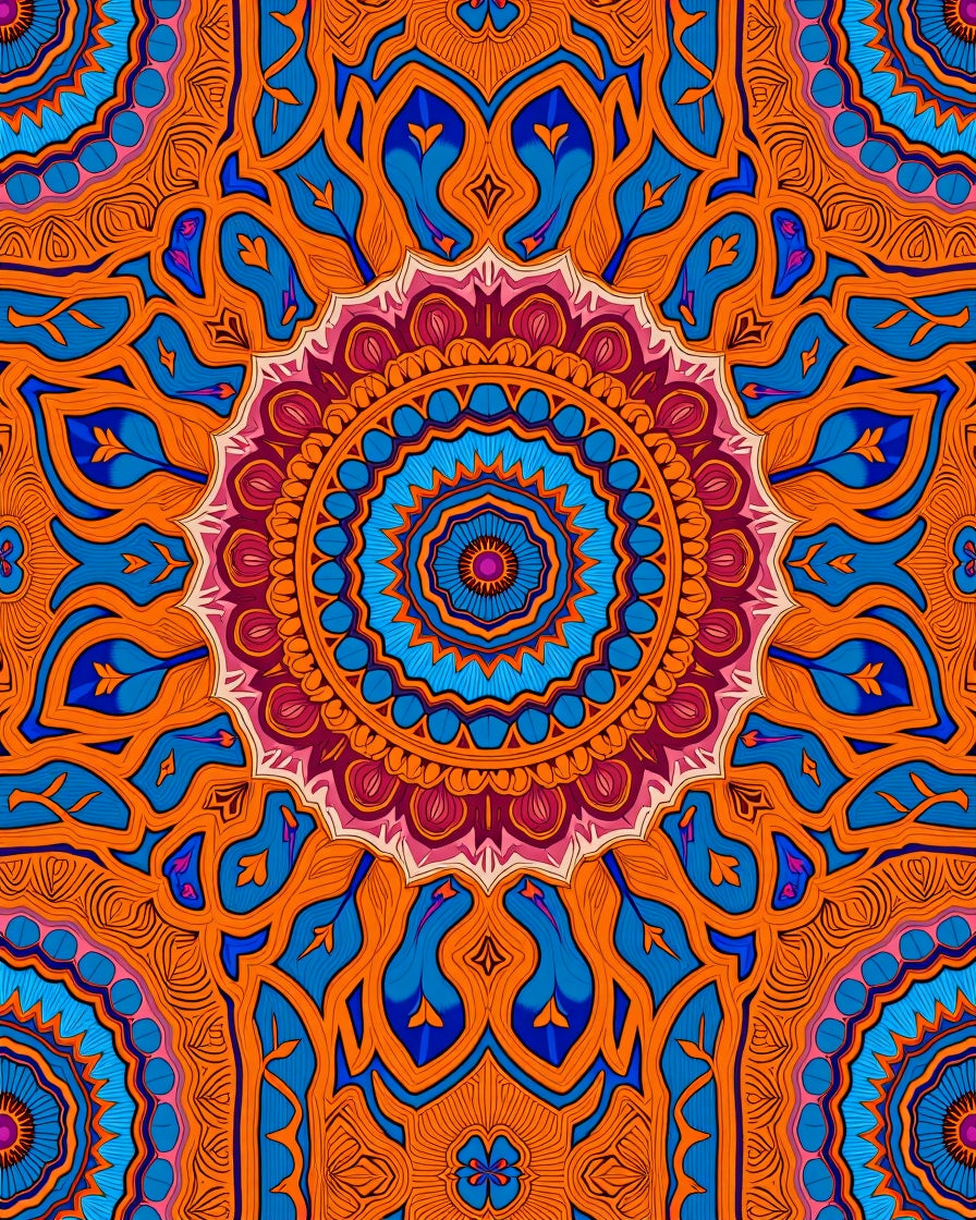 Intricate Mandala Orange Blue Design Rug