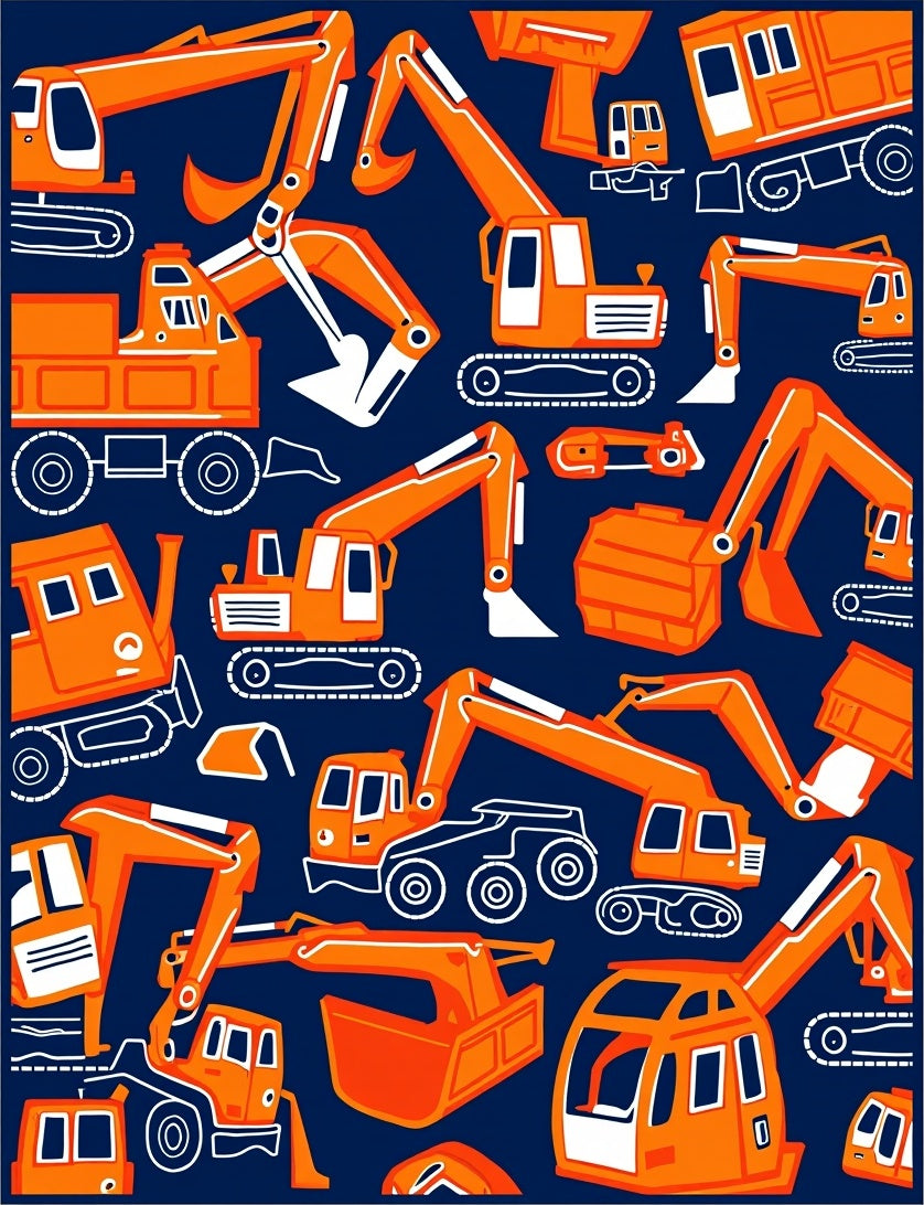 Orange Excavator Construction Vehicle Pattern Rug