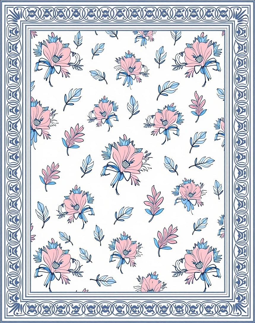 Pink Blue Floral Decorative Border Rug