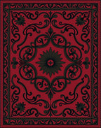 Dark Red Black Ornate Scrollwork Rug