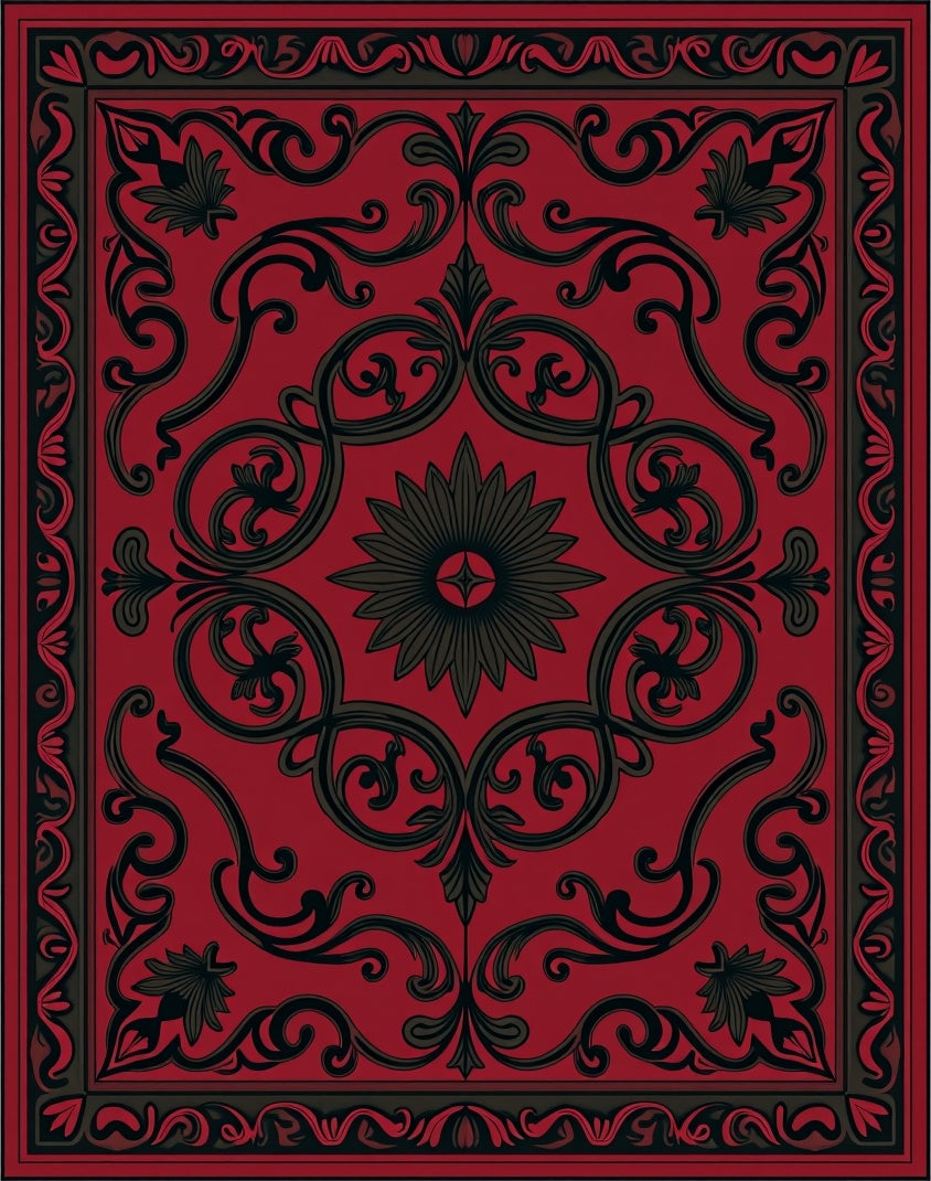 Dark Red Black Ornate Scrollwork Rug