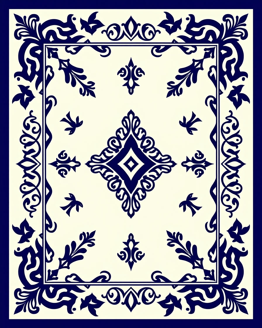 Navy Blue Ornate Diamond Border Rug