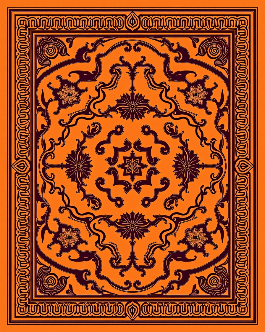 Orange Black Floral Medallion Pattern Rug